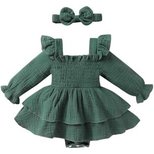 YOUNGER TREE Baby Girl Fall Clothes Infant Long Sleeve Ruffle Romper Dress with Headband Cute Toddler Winter Outfits
