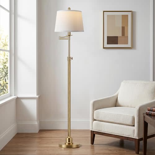 Vintage Floor Lamp for living room, Brushed Antique Brass Farmhouse Standing Lamp with 350° Swivel Swing Arm, 56.6''-66'' Mid Century Modern Height Adjustable Tall Lamp for Bedroom (LED Bulb Included)