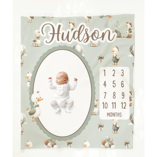 Silly goose milestone baby blanket, Personalized baby boy shower gift, First year photo blanket