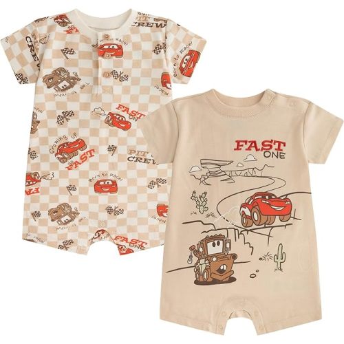 Disney Cars Winnie the Pooh Mickey Mouse Stitch Baby Boys 2 Pack Romper for Newborn and Infant