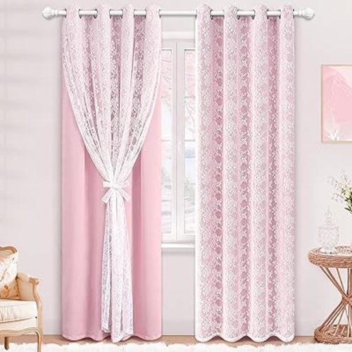 Yinhua Pink Curtains for Girls Room Double Layer Blackout Curtains for Bedroom 84 Inches Long Nursery Curtain for Living Room, Grommet Drapes with Tiebacks, 52" W x 84" L