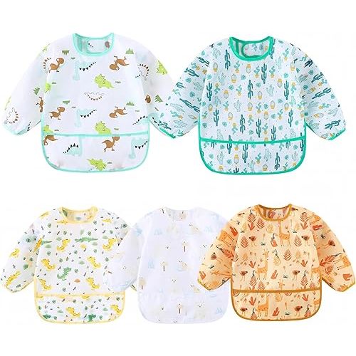 5-Pack Baby Long Sleeve Waterproof Bib Full Coverage Apron Bib Smock Toddler Bibs with Pocket 3-30 Months
