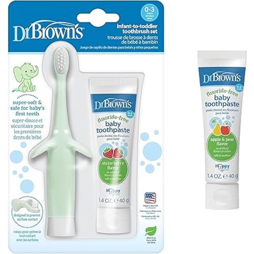 Dr. Brown's Infant-to-Toddler Elephant Toothbrush and Fluoride-Free Strawberry Baby Toothpaste Set with Apple Pear Toothpaste, 0-3 Years