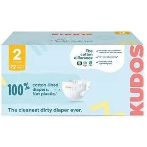 Kudos Chlorine Free Premium Diapers, 100% Cotton-Lined, Size 2, 72 Count, (6-16 lbs) (1 Pack)