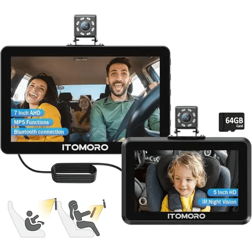 Itomoro Baby Car Camera, 5"+7" 1080P Dual Screen Car Baby Camera with Two-Way Video, Music & Video Play Supported, Night Vision & 150° Wide View Baby Monitor for Car Backseat with 64GB Storage-ACZ419