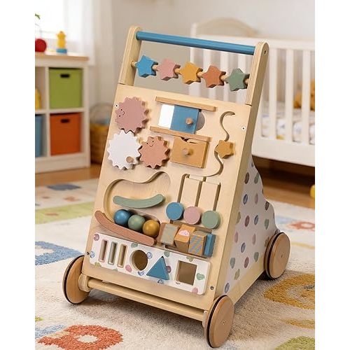 Montessori Safe Wooden Baby Walker, Adjustable Speed Baby Push Walker for Girls and Boys, Morandi Activity Center Toy for Kids' Development, Ideal Gift for Toddlers