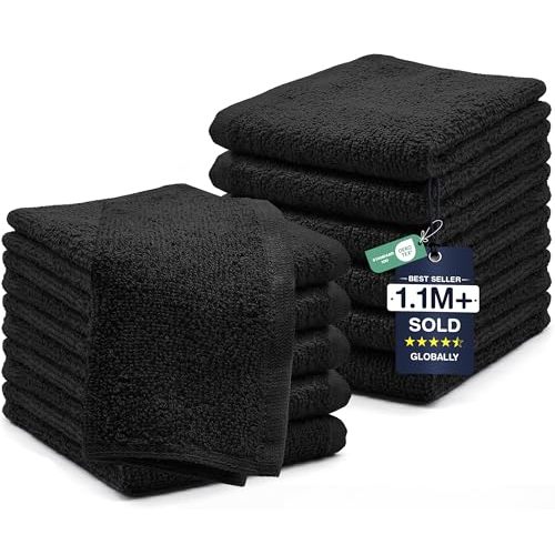 DAN RIVER 12 Pack Cotton Wash Cloths Set for Showering [12x12] Black | Lighter Weight, Quick to Dry, Super Soft & Absorbent Face Towels, Hotel Quality, Perfect for Bathroom, Gym, Spa