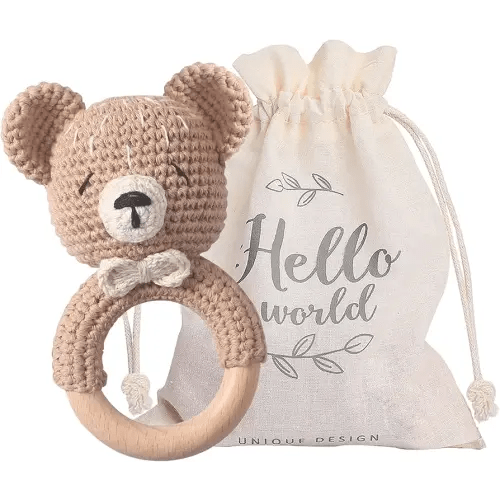 Wooden Baby Rattle Crochet Bear Baby Toys Handmade Newborn Toy Early Development Grips Stuffed Animal Organic Rattle (Bear)