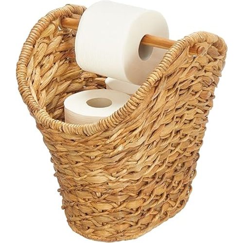 mDesign Rustic Farmhouse Water Hyacinth Toilet Paper Holder/Dispenser Basket with Dowel Rod - Storage Organizer for Master or Guest Bathroom Organization - Holds 5 Rolls of Toilet Paper - Natural/Tan