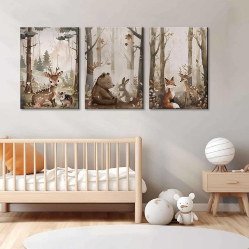 Redwood Rover 3Pcs Woodland Nursery Canvas Wall Art Cute Neutral Vintage Forest Wild Animals Bear Deer Fox Landscape Watercolor Painting Picture Wall Decor Poster Print Artwork For Baby Kids Room | Wayfair