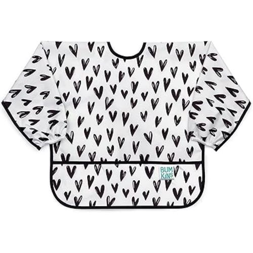 Bumkins Sleeved Bib for Girl or Boy, Baby and Toddler for 6-24 Months, Essential Must Have for Eating, Feeding, Baby Led Weaning Supplies, Long Sleeve Mess Saving Food Catcher, Hearts Black and White