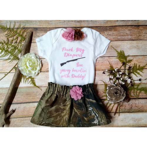 Pack My Diapers I'm Going Hunting With Daddy, Camouflage, Baby Girl Outfit, Newborn Gift, Personalized Baby Girl Outfit, Father's Day