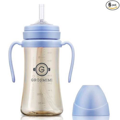 GROSMIMI Spill Proof no Spill Magic Sippy Cup with Straw with Handle for Baby and Toddlers, Customizable, PPSU, BPA Free 10 oz (Sky blue)