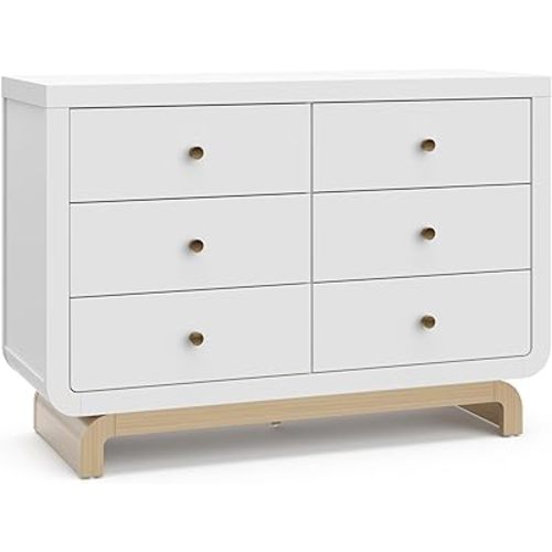 Storkcraft Santorini 6 Drawer Double Dresser - GREENGUARD Gold Certified, Interlocking Drawer System, Dresser Drawer Organizer for Kids Bedroom (White/Driftwood)