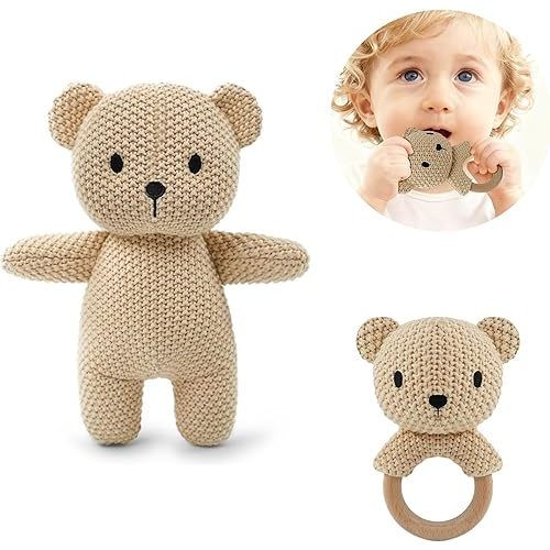 10" Crochet Bear Stuffed Animal with Rattle, Pure Cotton Soft Crochet Doll Plush Toy for Newborn, Handmade Baby Shower Gift & First Birthday Gift