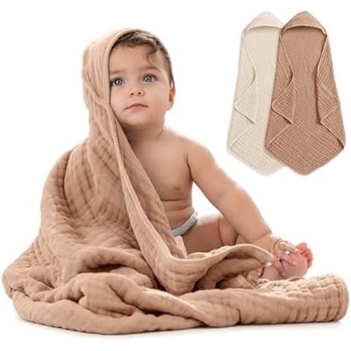 Comfy Cubs Hooded Baby Towel 2-Pack, Large 32 x 32 Inch - 6 Layer 100% Muslin Cotton for Babies, Toddlers, Kids - Soft & Absorbent Baby Bath Towels - Unisex Design for Bath Time, Cedar and Sand