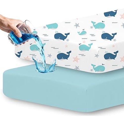 Little Grape Land Waterproof Crib Sheets for Boys Girls, Soft and Breathable Waterproof Baby Crib Sheets 52"x28", Crib Mattress Sheets Neutral for Standard Crib and Toddler Bed Mattress (Whale)