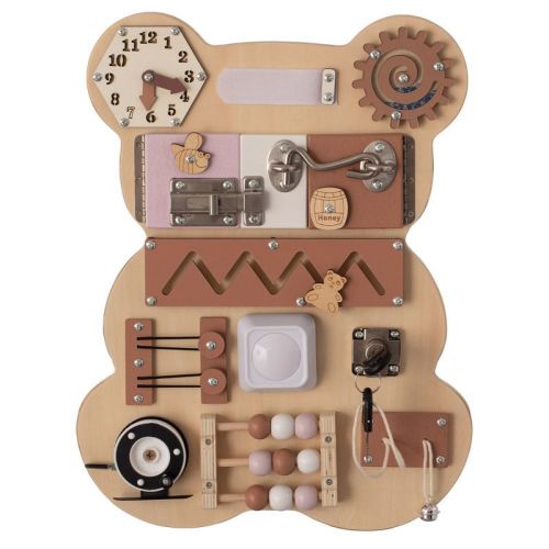 Wooden Sensory Bear Shaped Learning Toddler Busy Board For Playroom, Nursery, Preschool, And Doctors' Office, Pink