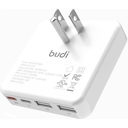 BUDI Flat USB C Wall Charger, 34W 4-Port Slim USB Wall Charger, Fast Charging Block with 20W Port Power Delivery and Dual Type-C for iPhone 16/15/14/13/12/11/Pro Max/XS/XR/8/7,Tablets