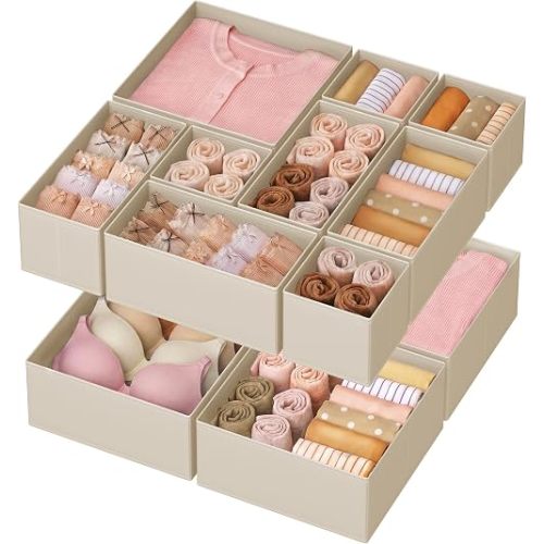 SONGMICS Drawer Organizers, Dresser Divider Organizers, Set of 12, Foldable Fabric Storage Boxes for Socks, Underwear, Bras, Ties, Scarves, Summer Sand URDZ006Y02