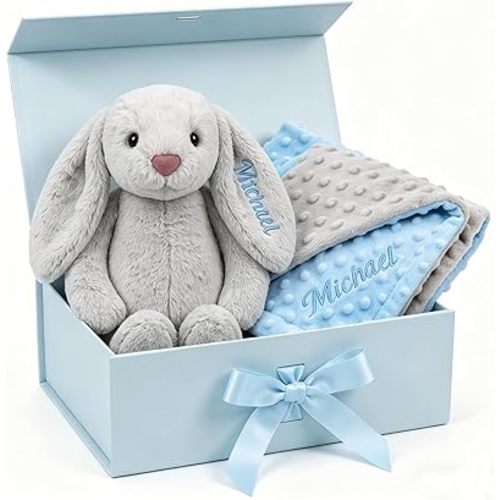 Terwex Personalized Baby Blanket & Plush Bunny Set, Custom Baby Blankets for Boys Girls with Name, Customized 2-in-1 Dot Receiving Swaddle & Rabbit Set, Infant Toddler Gifts for Baby Shower Birthday