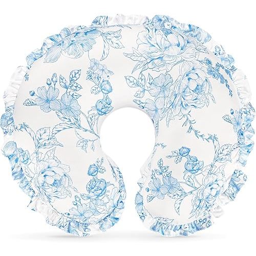 DILIMI Nursing Pillow Cover, Removable Ruffled Pillowcase for Breastfeeding Pillows, Ultra Soft Comfortable Slipcover for Baby Girl and Boy, Blue Floral