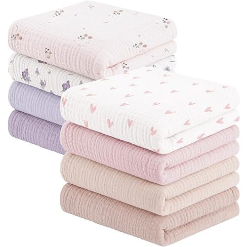 Susurration Muslin Baby Washcloths 23x23inch, Large Ultra-Absorbent 100% Cotton Baby Bath Wash Cloth Burp Cloth Soft Breathable Face Towel for Newborn Baby Boy and Girl, 8Pack (Flowery)