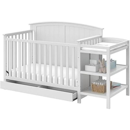 Storkcraft Steveston 5-in-1 Convertible Crib and Changer with Drawer (White) – GREENGUARD Gold Certified, Crib and Changing -Table Combo with Drawer, Converts to Toddler Bed, Daybed and Full-Size Bed