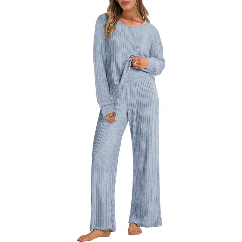 ANRABESS Women 2 Piece Lounge Pajamas Sets Casual Ribbed Knit Long Sleeve Top Pants Matching Set 2025 Fall Outfits Clothes