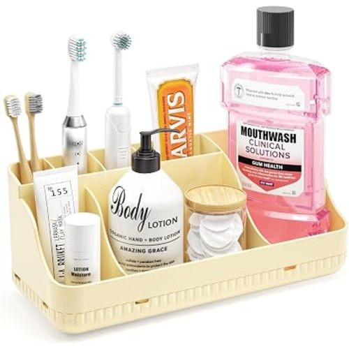 Bathroom Counter Organizer and Storage, 7 Slots Detachable Toothbrush Holders for Bathrooms, Anti-Slip Electric Toothbrush and Toothpaste Holder Countertop Vanity Organizer Accessories for Adults Kids