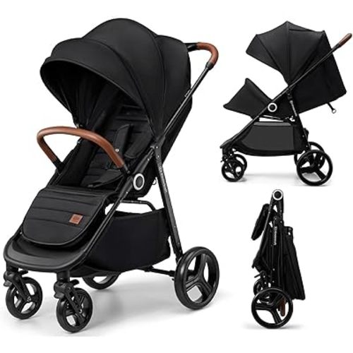 Kinderkraft Grande Plus Kinderkraft Buggy from Birth to 48.5 lb, one-Hand Folding, Reclining Position, Large Canopy with Window, All 4 Wheels dampened, Spacious seat, Black