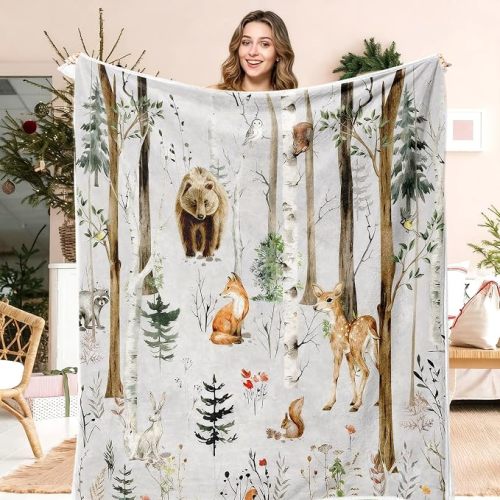 JAWO Rustic Christmas Throw Blanket, Country Wild Animal Bear Winter Throw Blanket for Couch Bed Sofa Nature Forest Throw Blankets for Couch Bed Camping Blanket Travel Bedroom 50X60inch, Forest5