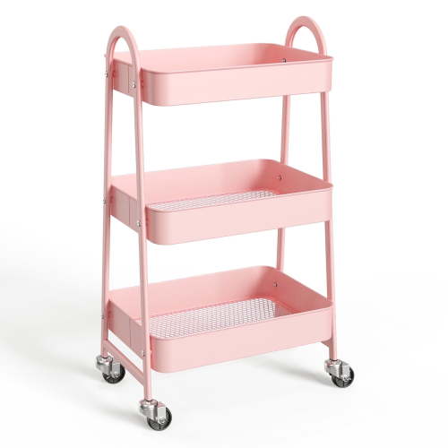 ZUNMOS 3-Tier Rolling Storage Cart, Metal Organizer with Mesh Shelves, Lockable Wheels, Pink