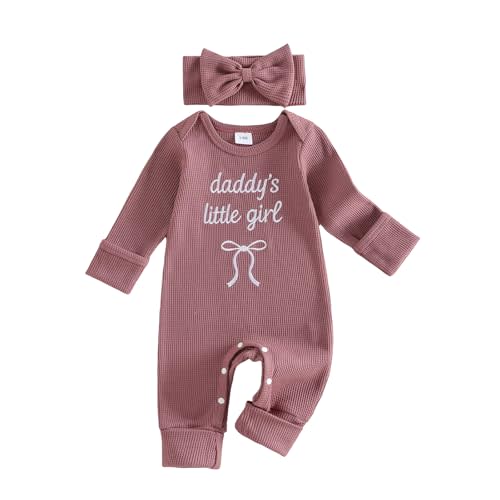 allshope Infant Baby Girl Fall Outfit Sweatshirt Romper Daddy Little Girl Embroidery Jumpsuit Bodysuit Newborn Waffle Clothes