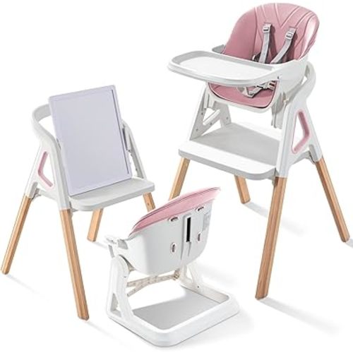 Baby High Chair, Babies and Toddlers Convertible Slim High Chair with 6 Growing Stages from Infant to Toddler Seating with Removable Tray, Easy to Clean,Pink Cushion