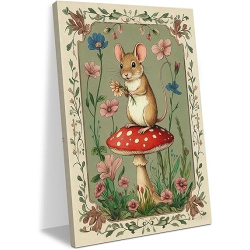 Whimsical Mouse Nursery Decor Painting Wall Decor Prints Canvas Wall Art Countryside Botanical Floral Painting for Living Room Bedroom Office Wall Decorations Paintings Pictures 11.5X14.5 Inch