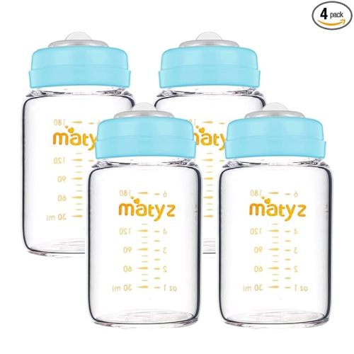Matyz 4-PACK Wide Mouth Glass Breast Milk Storage Containers With Lids (Blue, 6 Oz Each) - Glass Freezer Safe Breastmilk Storage Bottles - Breast Pump Accessories For Medela Spectra Avent Breast Pumps