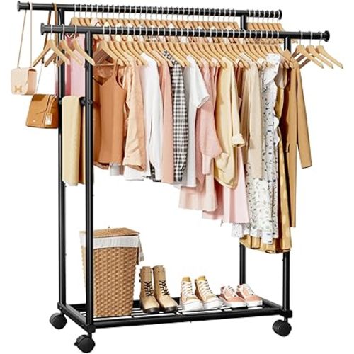 Sakugi Metal Clothes Rack - Double Rod Clothing Rack with Fixed Design and Rolling Wheels, Coat Rack with Built-In Shelf for Closet Organizers and Storage (38.5" x 16.9" x 59.0", Black)