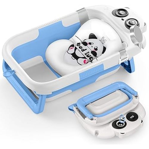 Foldable Baby Bathtub, Lightweight Bathtub for Infants to Toddlers with Soft Cushion & Thermometer, Portable Baby Tub Newborn to Toddler 0-24 Months(Blue)
