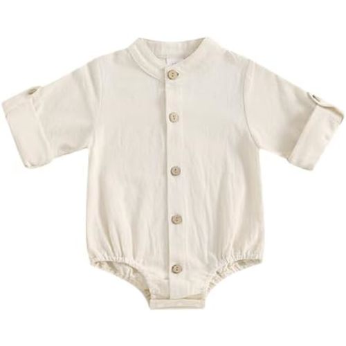 Karuedoo Newborn Baby Boy Clothes Cotton Linen Shirt Bodysuit Button Up Roll Up Long Sleeve Romper Jumpsuit One-Piece Outfit