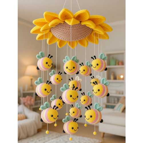Crochet Sunflower and Bee Baby Mobile, Handmade Nursery Decor, Cottagecore Baby Crib Mobile, Neutral Gender Baby Shower Gift