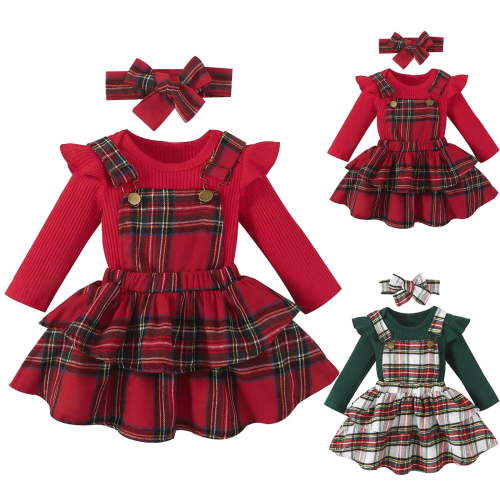 Baby Girl Christmas Clothes Plaid Outfits Long Sleeve Romper Overall Skirt Dress Cute Newborn Outfit Baby Girl Clothes 12 18 Months