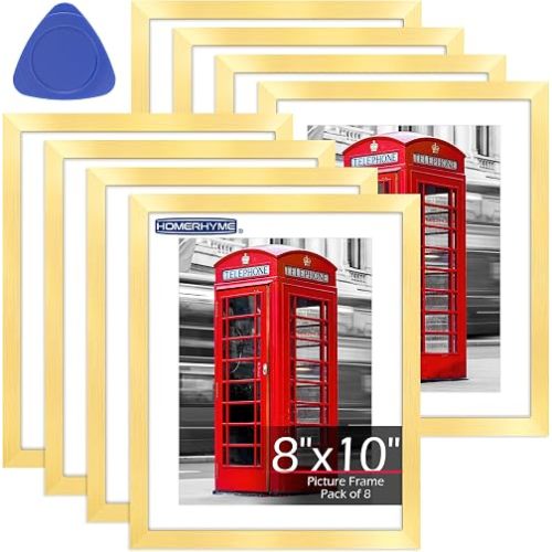 8x10 Picture Frame Set of 8, Gold Photo Frames for Tabletop or Wall Display, Fits Pictures 5x7 with Mat or 8x10 Without Mat, Frame Collage with HD Plexiglass for Gallery Home Wall Decor