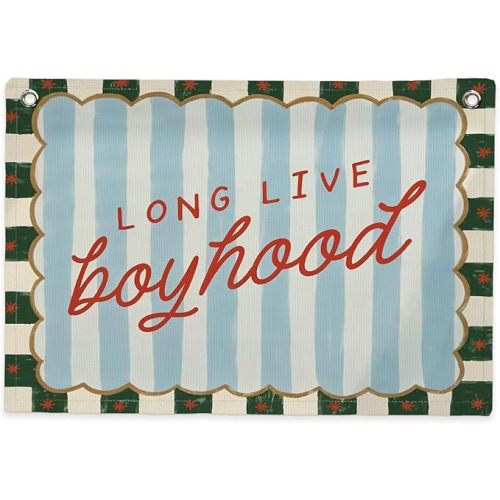 Long Live Boyhood Banner Canvas Wall Hanging, Boys Room Decor Wall Art, Retro Preppy Striped Wall Decor Hanging Banner Flag for Kids Boys Toddler Nursery Bedroom Playroom Prints, 30x20 Inch