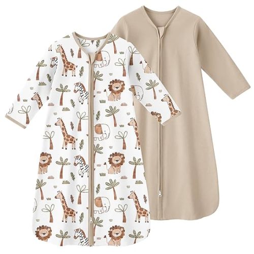 Baby Sleep Sack 6-12 Months, Long Sleeve Baby Wearable Blanket 0.5 Tog with Mittens, 2-Way Zipper Infant Cotton Sleeping Sack for Boy and Girl Khaki Animal 2 Pack (Medium)