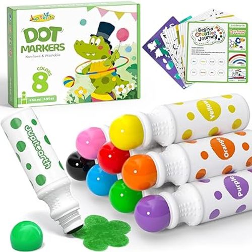 22 PCS Dot Markers for Toddlers, 8 Colors Washable Bingo Daubers with 120 PDF & 12 Printed Activity Papers 2 Stencils, Non-Toxic Dot Paint for Toddler 1-3, Markers for Kid Arts and Crafts