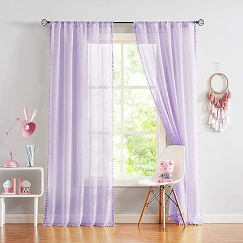 Treatmentex Pompom Sheer Curtain Panels for Living Room Girl's Redroom 52" x 108" Lilac Slub Textured Sheer Window Drapes for Salson Party Ceremony Birthday Décor 2 pcs