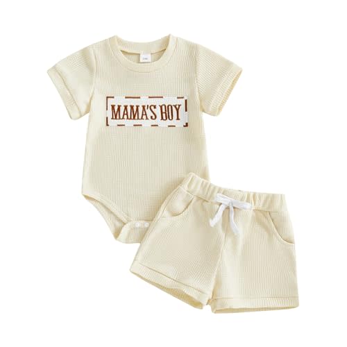 MERSARIPHY Newborn Baby Boy Summer Clothes Mama's Boy Little Dude Short Sleeve Romper Shorts Set Infant Waffle Knit Outfit