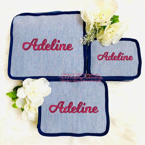 Personalized Pink or Navy Seersucker Packing Cubes: Embroidered Travel Set