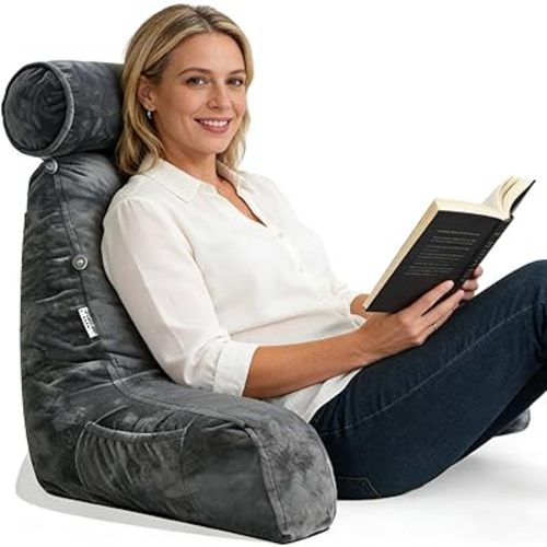 Extra Large Reading Pillow for Sitting in Bed Adult with Detachable Neck Support Cushion & Backrest Pillow for Bed with Arms and Side Pocket Shredded Foam Back Pillow with Washable Cover